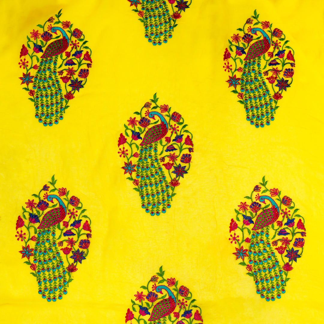 Mayur Buta on Bright Lemon Semi Georgette  Embroidered Fabric