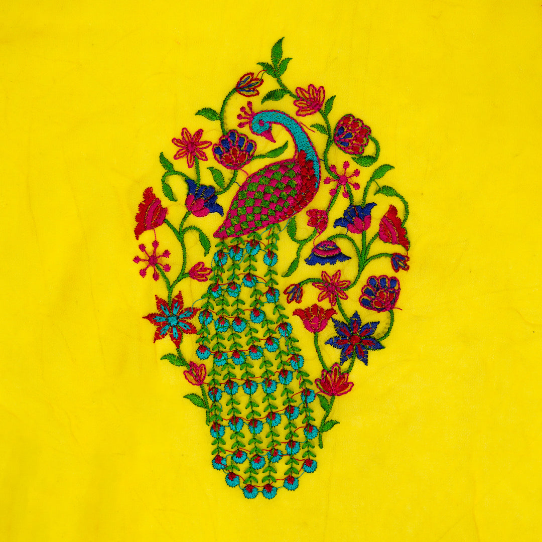 Mayur Buta on Bright Lemon Semi Georgette  Embroidered Fabric