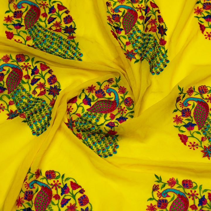 Mayur Buta on Bright Lemon Semi Georgette  Embroidered Fabric