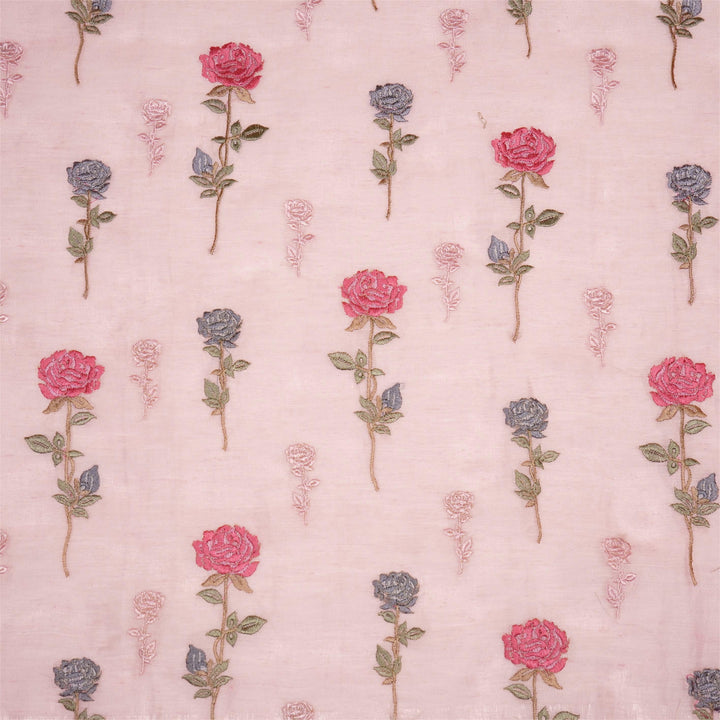 Yuvika Rose Buta on Pink Silk Linen Embroidered Fabric