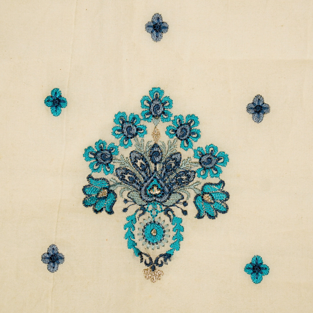 Rituja Buta Buti Mixture on Cream/Blue Malmal Embroidered Fabric
