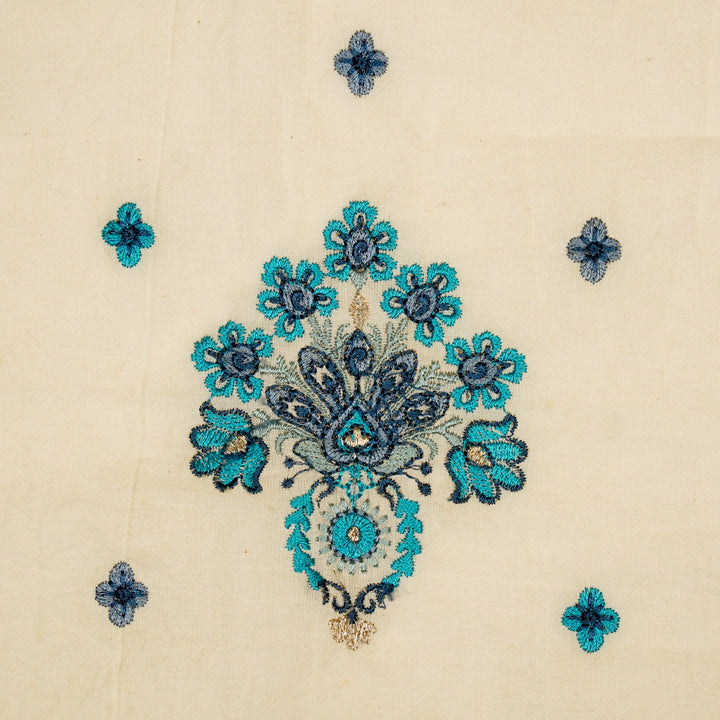 Rituja Buta Buti Mixture on Cream/Blue Malmal Embroidered Fabric
