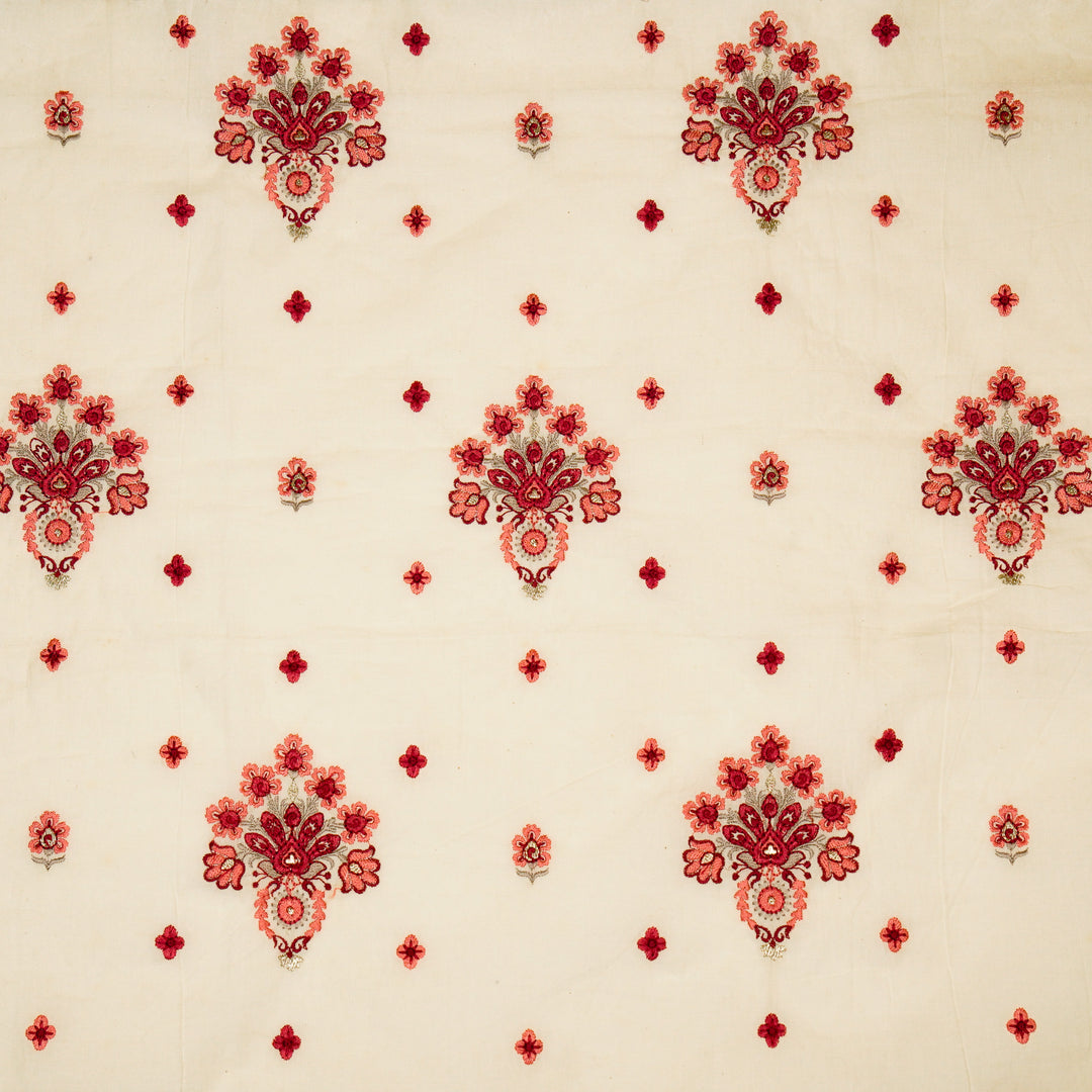 Rituja Buta Buti Mixture on Cream/Maroon Malmal Embroidered Fabric