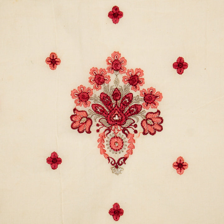 Rituja Buta Buti Mixture on Cream/Maroon Malmal Embroidered Fabric