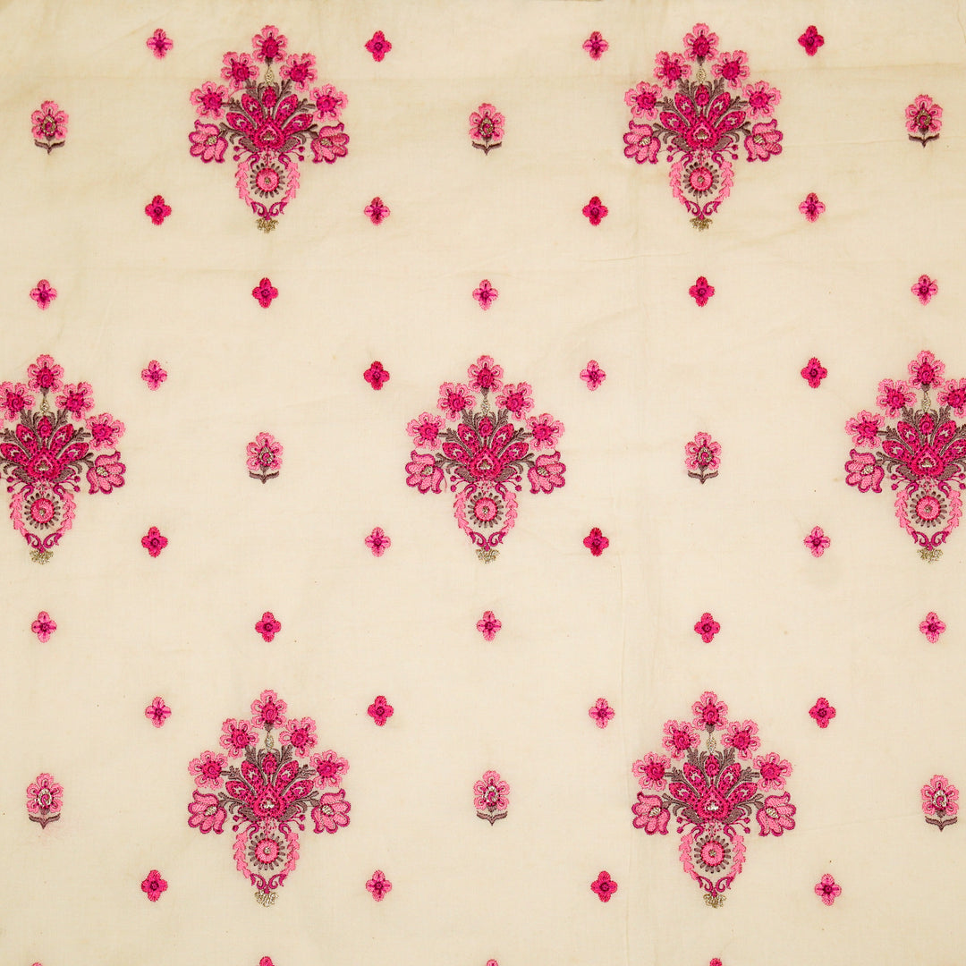 Rituja Buta Buti Mixture on Cream/Fuxia Malmal Embroidered Fabric