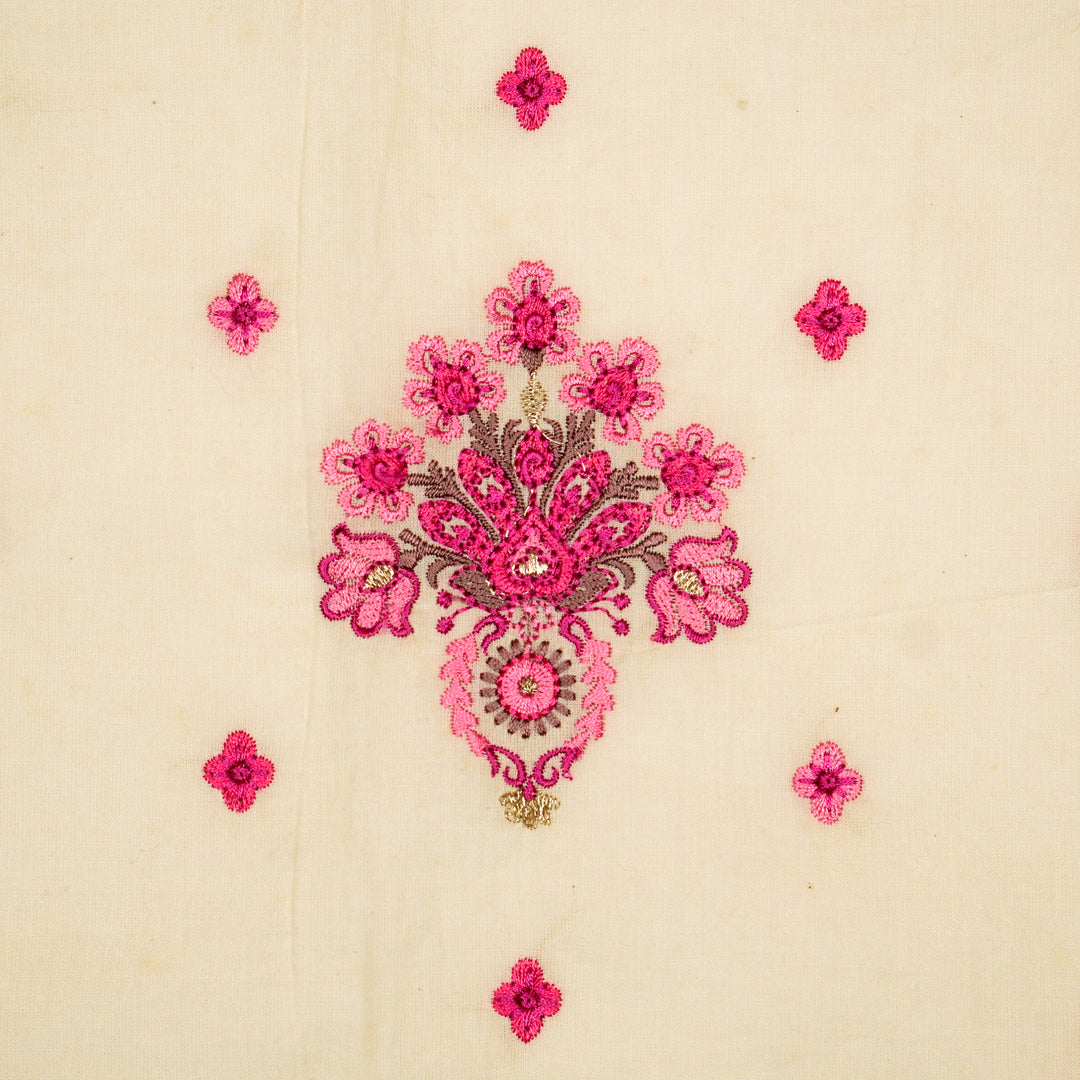 Rituja Buta Buti Mixture on Cream/Fuxia Malmal Embroidered Fabric