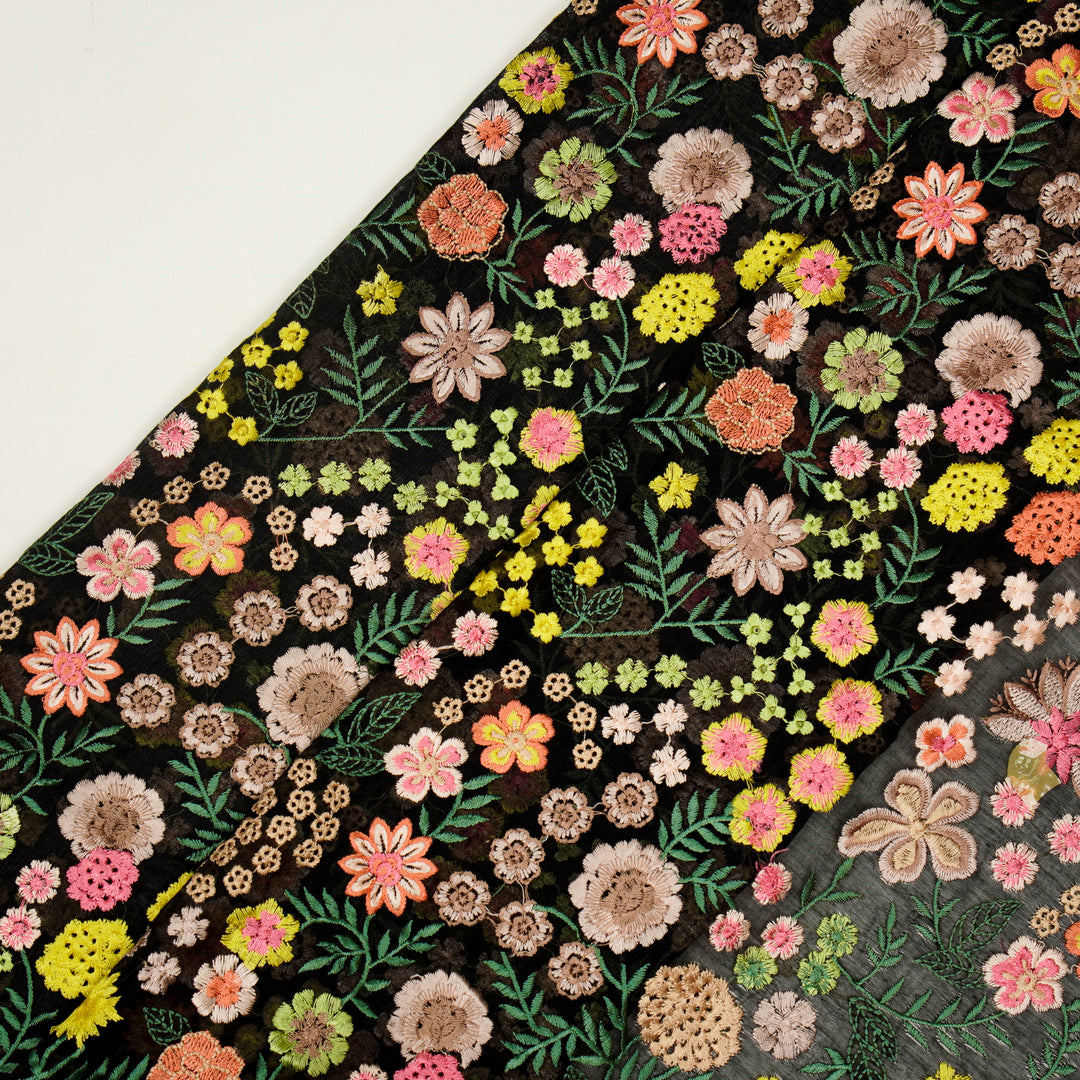 Bageecha Jaal on Black Cotton Silk Embroidered Fabric