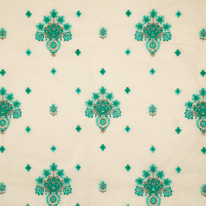 Rituja Buta Buti Mixture on Cream/Teal Malmal Embroidered Fabric