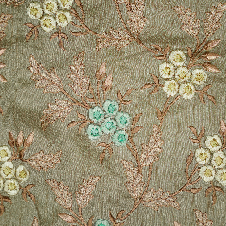 Creeva Jaal on Mouse Semi Raw Silk Embroidered Fabric