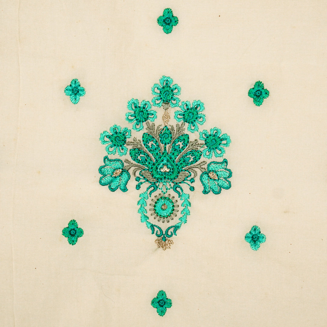Rituja Buta Buti Mixture on Cream/Teal Malmal Embroidered Fabric