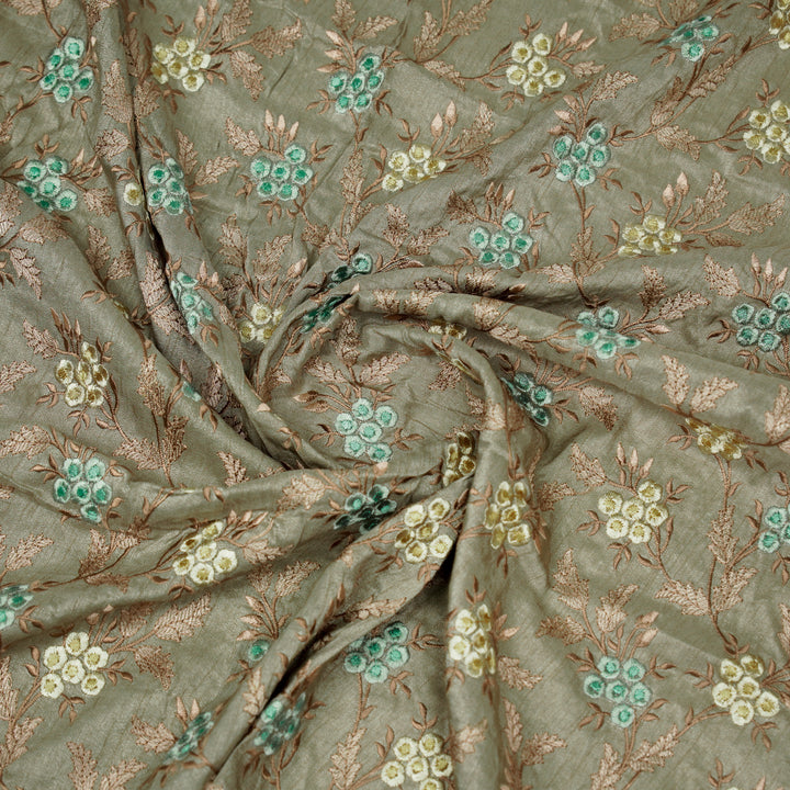 Creeva Jaal on Mouse Semi Raw Silk Embroidered Fabric