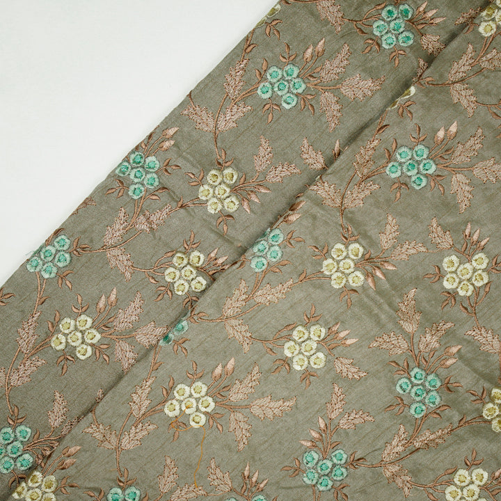 Creeva Jaal on Mouse Semi Raw Silk Embroidered Fabric