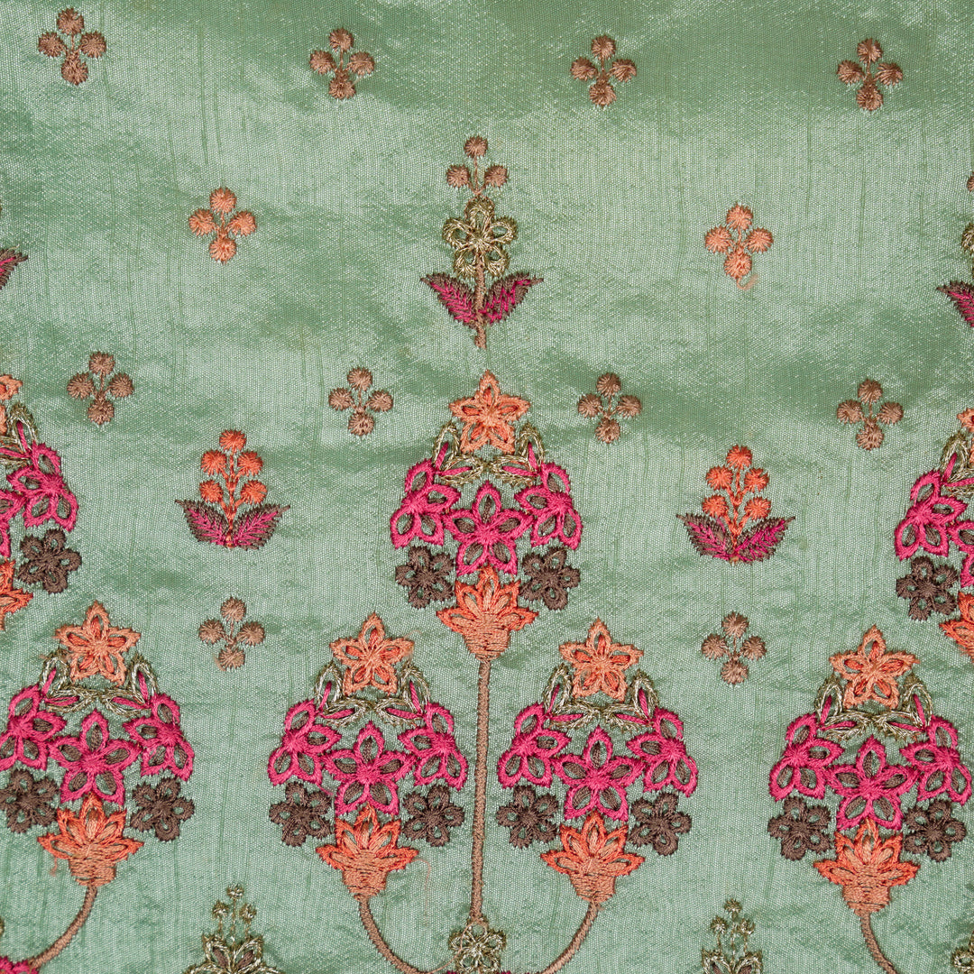 Candelabra Style Floral Arches on Light Teal Dola Silk Embroidered Fabric