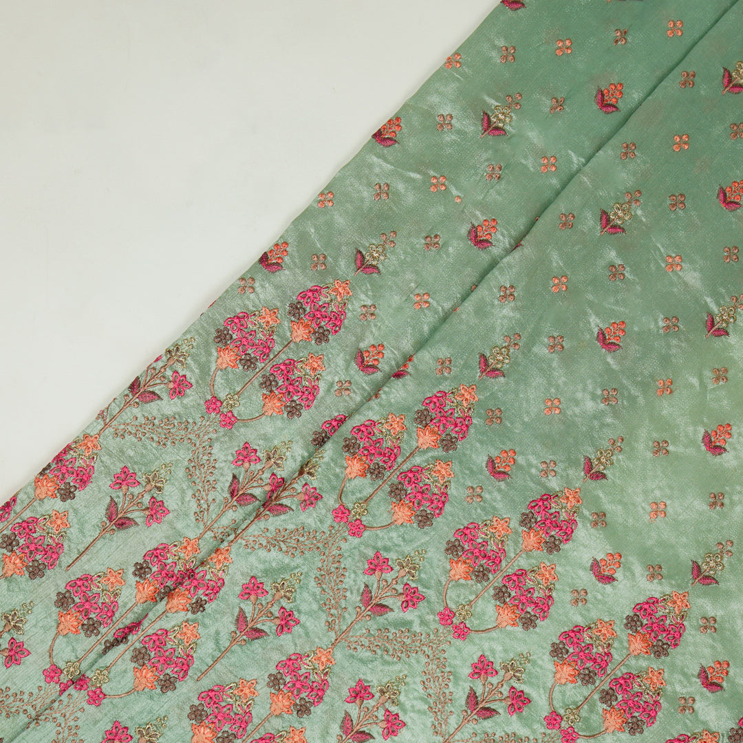 Candelabra Style Floral Arches on Light Teal Dola Silk Embroidered Fabric