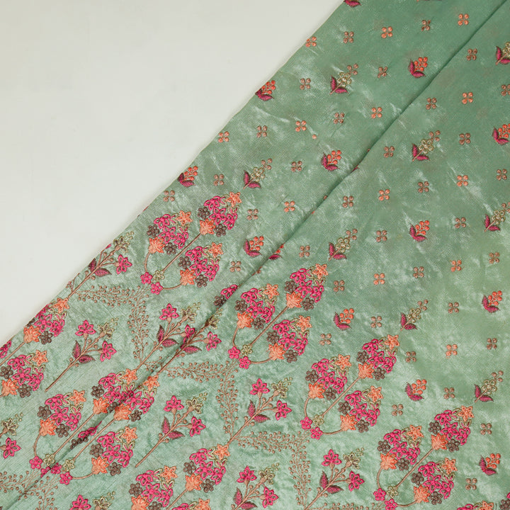 Candelabra Style Floral Arches on Light Teal Dola Silk Embroidered Fabric