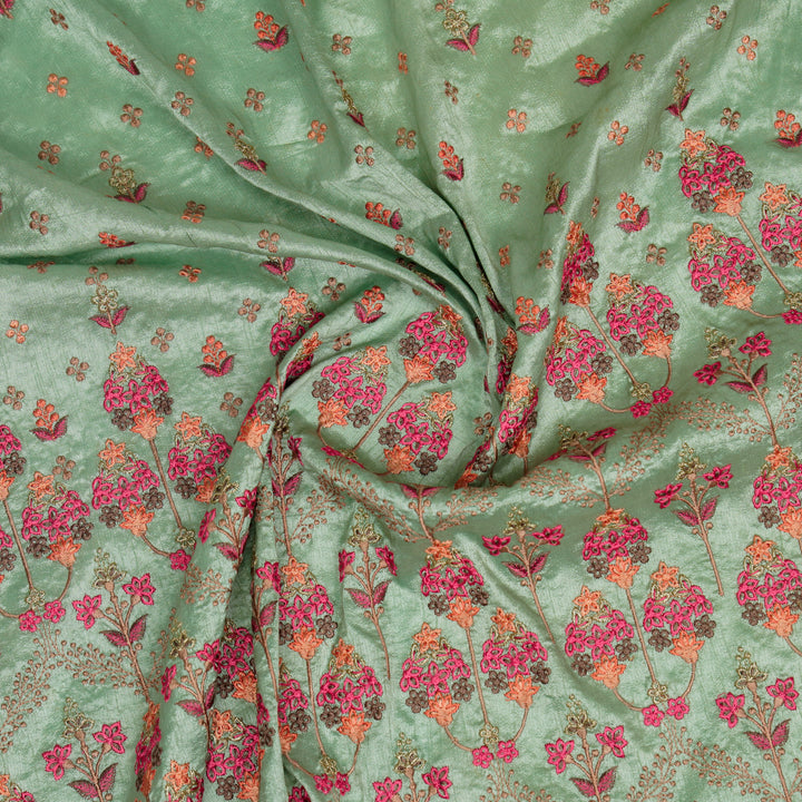 Candelabra Style Floral Arches on Light Teal Dola Silk Embroidered Fabric