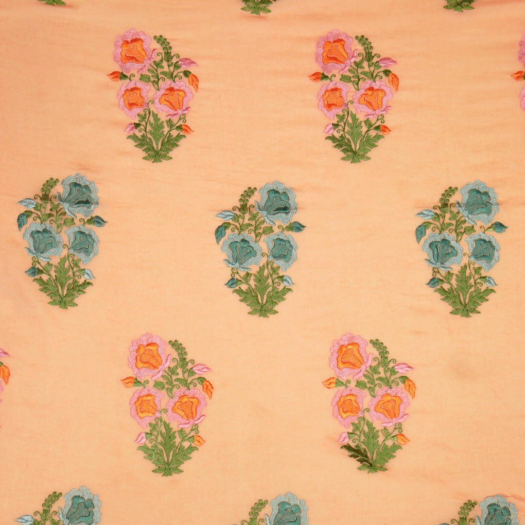 Aria Floral Buta on Peach Malmal Embroidered Fabric
