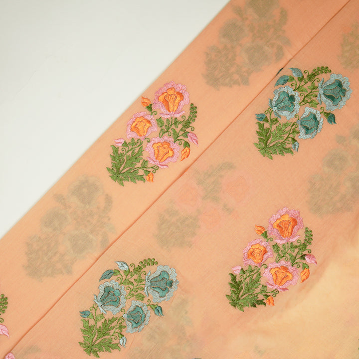 Aria Floral Buta on Peach Malmal Embroidered Fabric