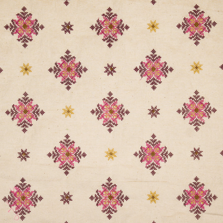 Nilaya Buta Buti Mixture on Ecru Cotton Linen Embroidered Fabric