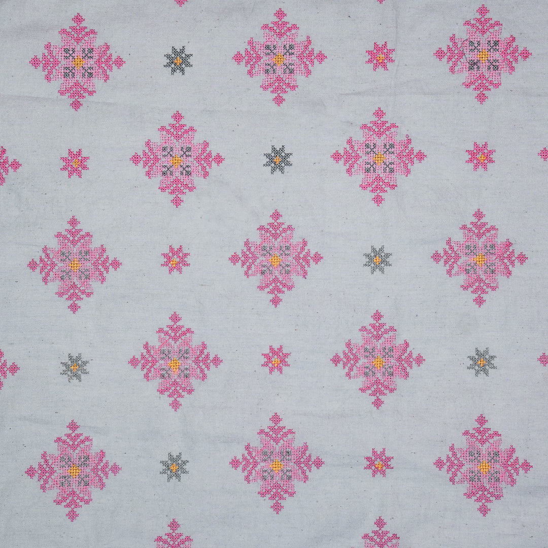 Nilaya Buta Buti Mixture on Light/Mauve Cotton Linen Embroidered Fabric