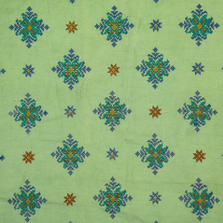 Nilaya Buta Buti Mixture on Sea Green Cotton Linen Embroidered Fabric
