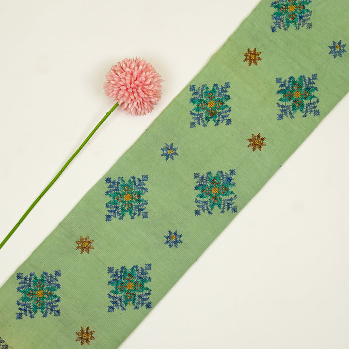 Nilaya Buta Buti Mixture on Sea Green Cotton Linen Embroidered Fabric