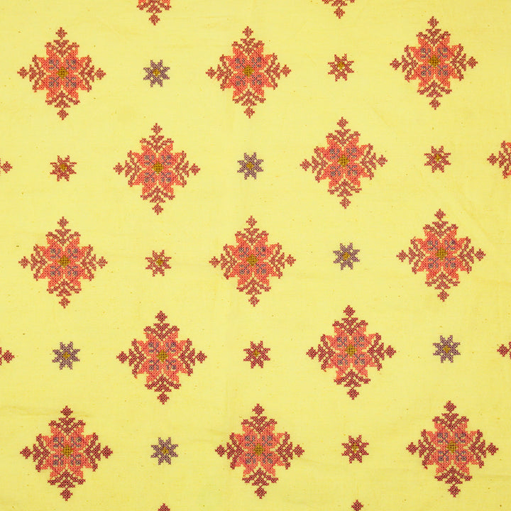 Nilaya Buta Buti Mixture on Yellow Cotton Linen Embroidered Fabric