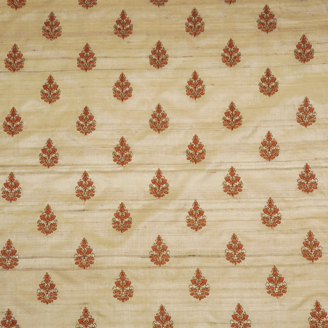 Triveni Buta on Natural/Orange Tussar Silk Embroidered Fabric