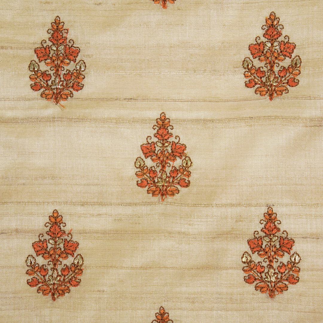 Triveni Buta on Natural/Orange Tussar Silk Embroidered Fabric