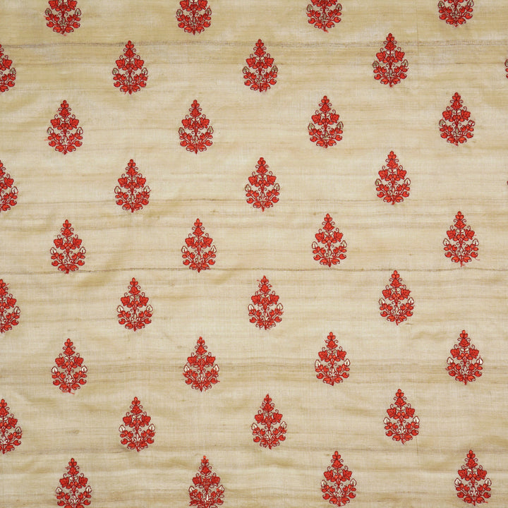 Triveni Buta on Natural/Blood Red Tussar Silk Embroidered Fabric