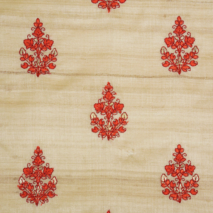 Triveni Buta on Natural/Blood Red Tussar Silk Embroidered Fabric