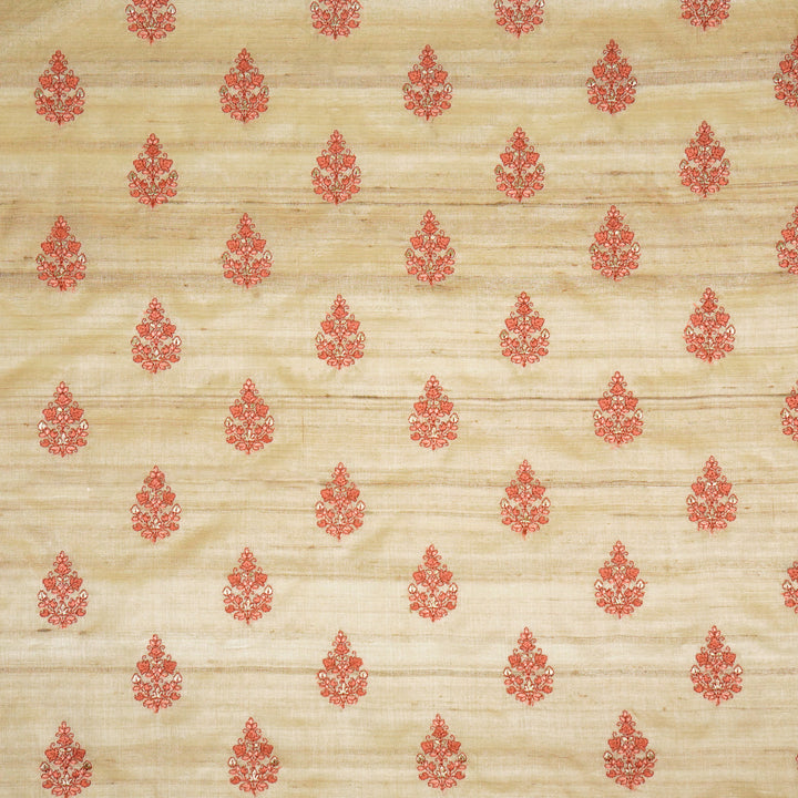 Triveni Buta on Natural/Red Rust Tussar Silk Embroidered Fabric