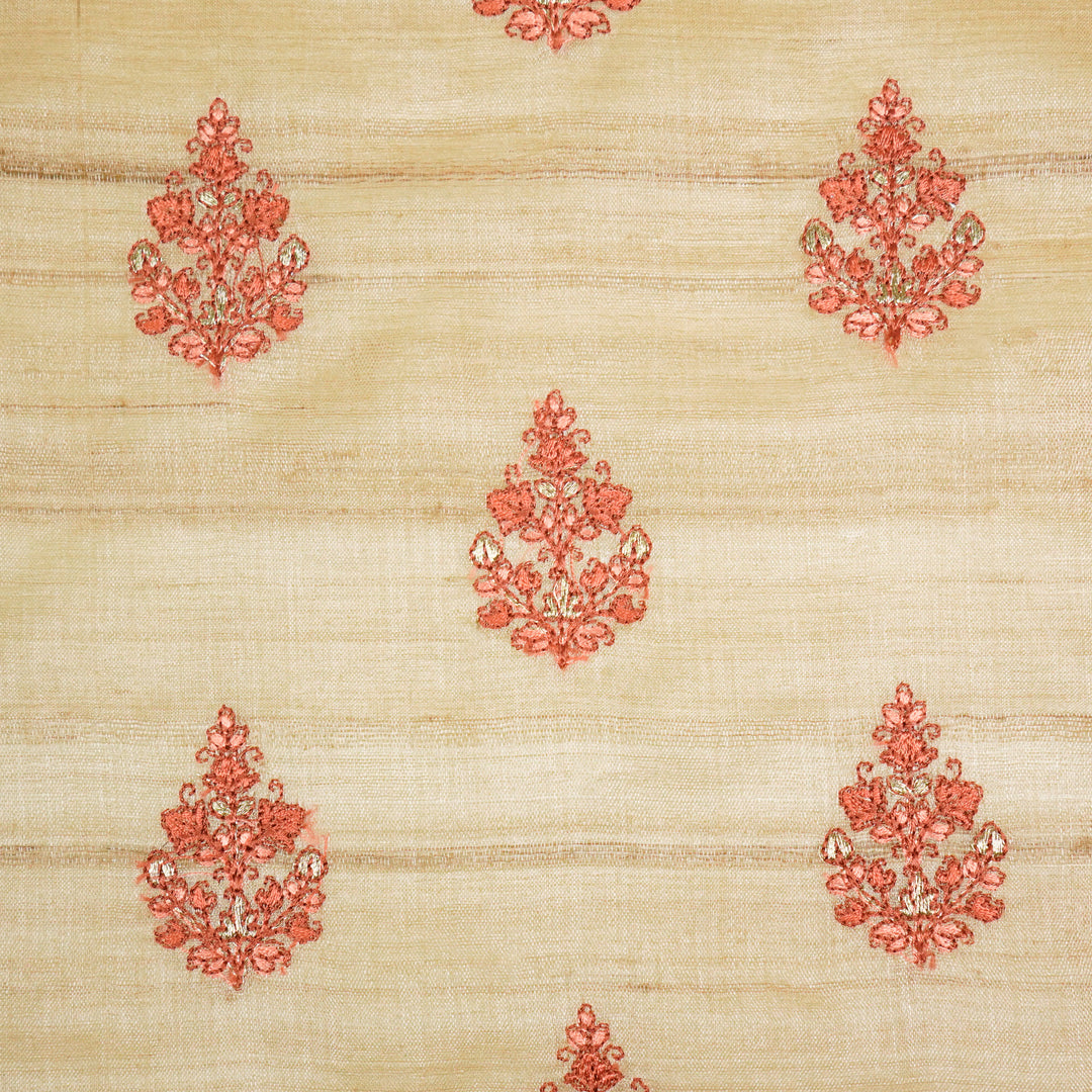 Triveni Buta on Natural/Red Rust Tussar Silk Embroidered Fabric