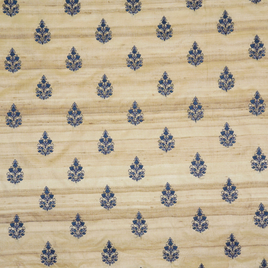 Triveni Buta on Natural/Blue Tussar Silk Embroidered Fabric