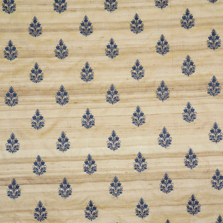 Triveni Buta on Natural/Blue Tussar Silk Embroidered Fabric