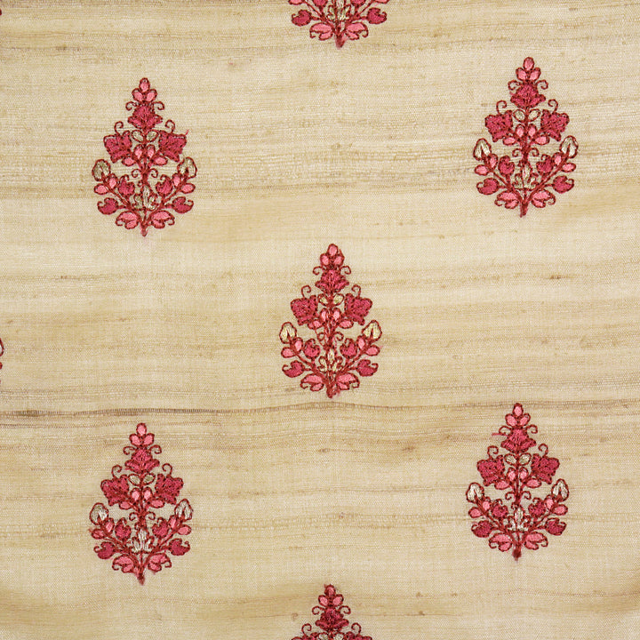 Triveni Buta on Natural/Magenta Tussar Silk Embroidered Fabric