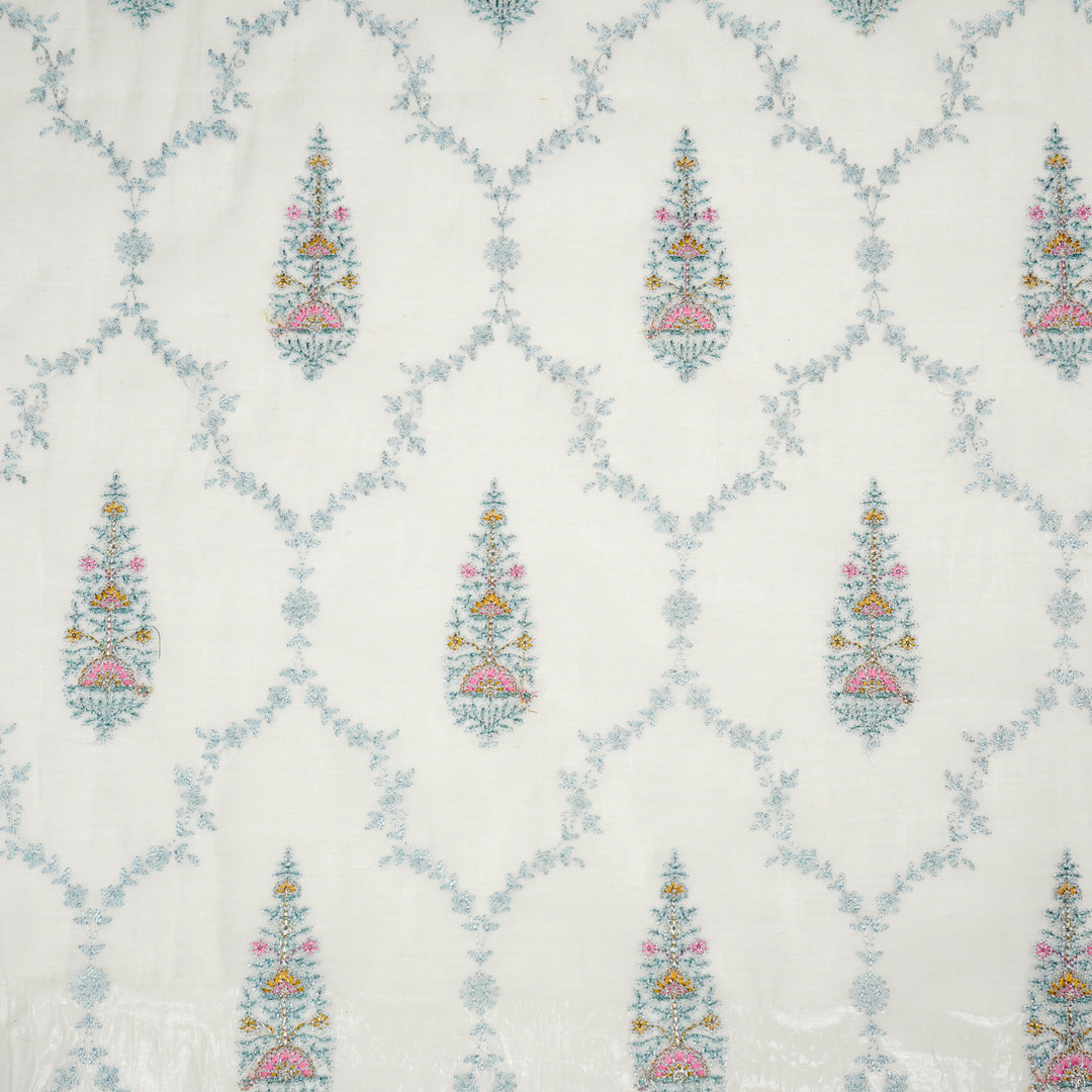 Ecru Cotton Silk Aaboli Jaal Embroidered Fabric