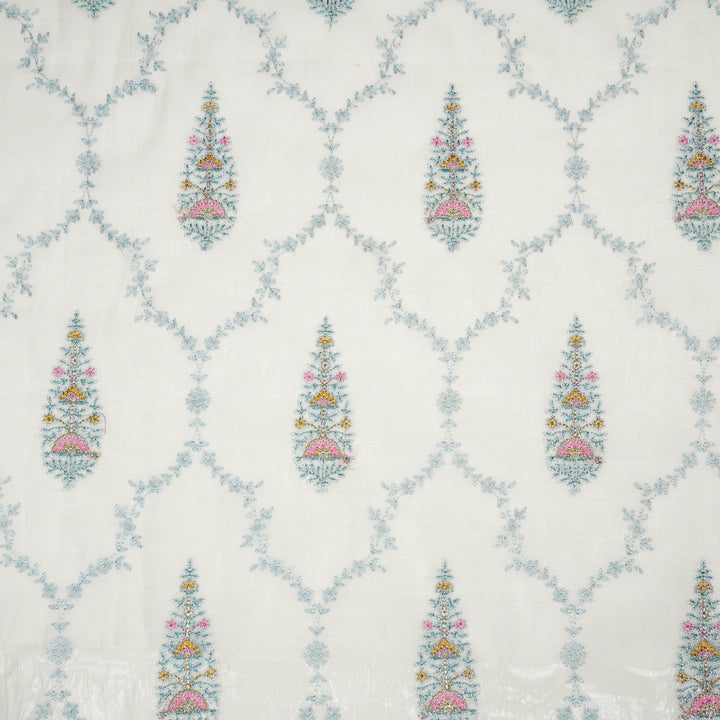 Ecru Cotton Silk Aaboli Jaal Embroidered Fabric