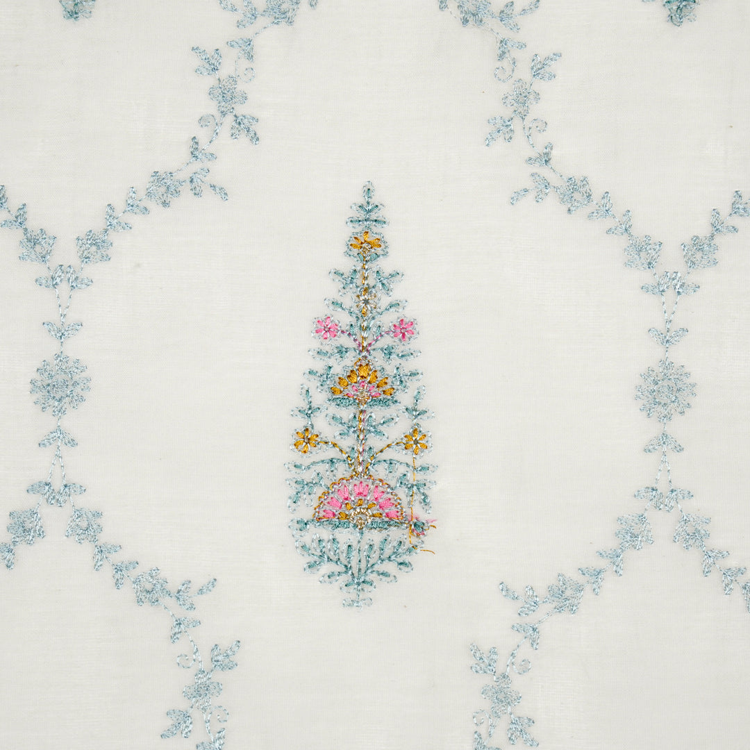 Ecru Cotton Silk Aaboli Jaal Embroidered Fabric