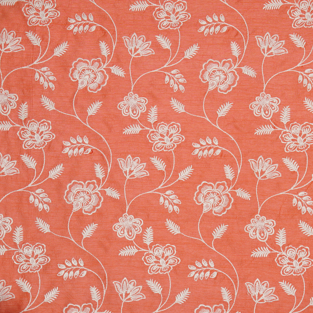 Prisha Jaal on Deep Peach Dola Silk Embroidered Fabric