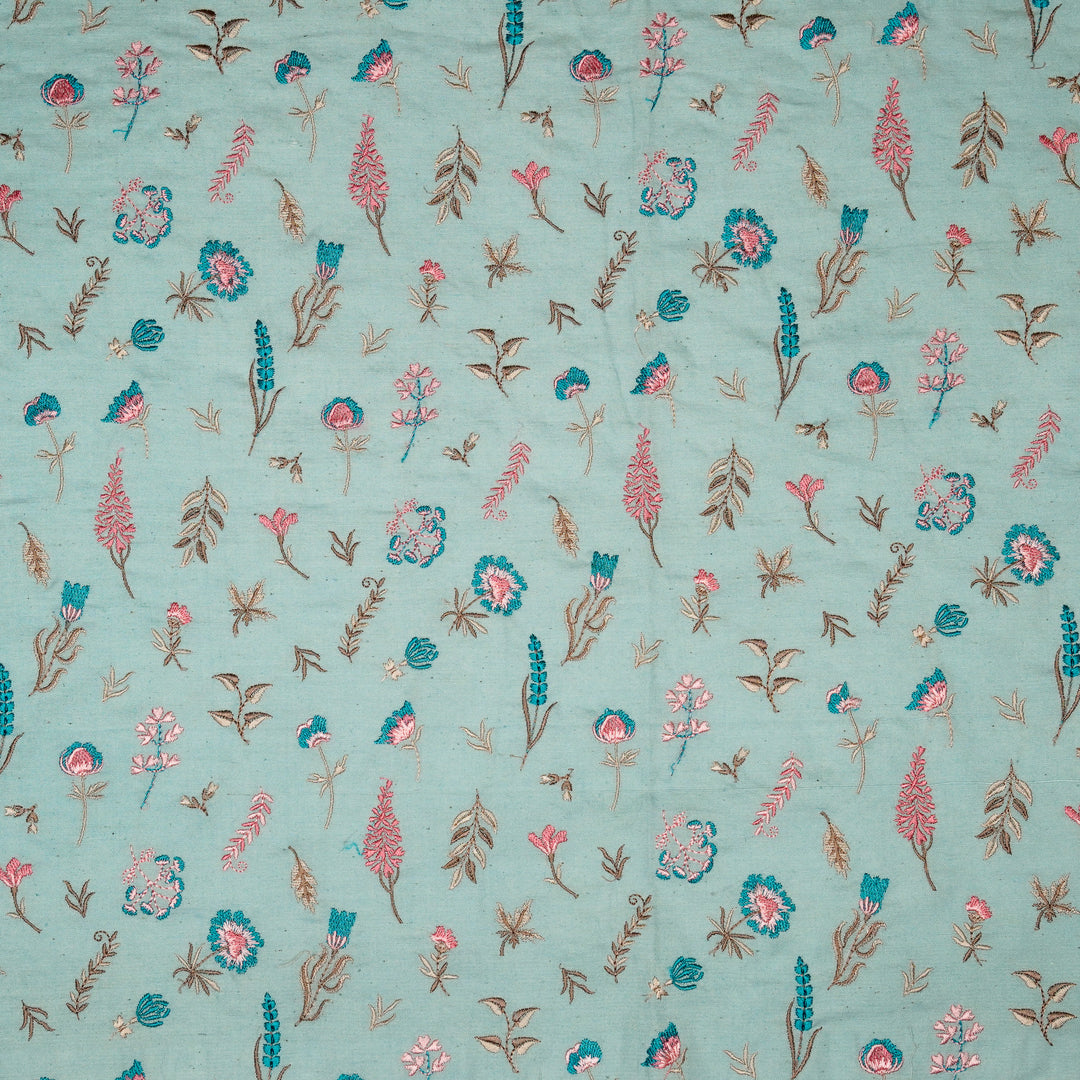 Grishma Buta Buti Mixture on Sky/Blue Cotton Linen Embroidered Fabric