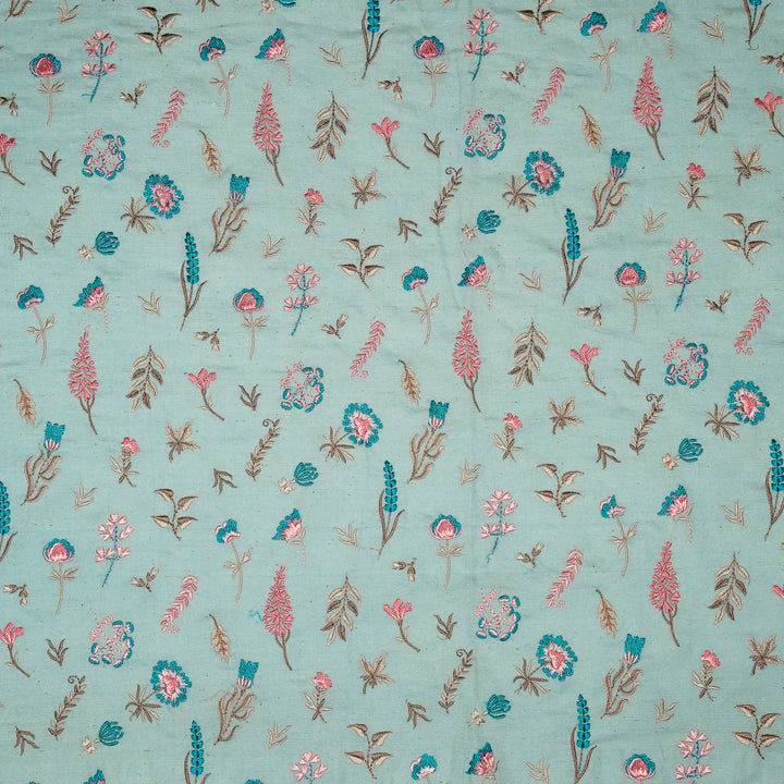 Grishma Buta Buti Mixture on Sky/Blue Cotton Linen Embroidered Fabric