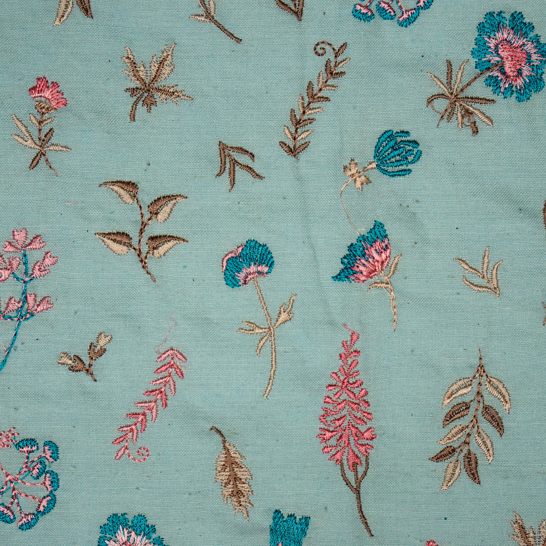 Grishma Buta Buti Mixture on Sky/Blue Cotton Linen Embroidered Fabric