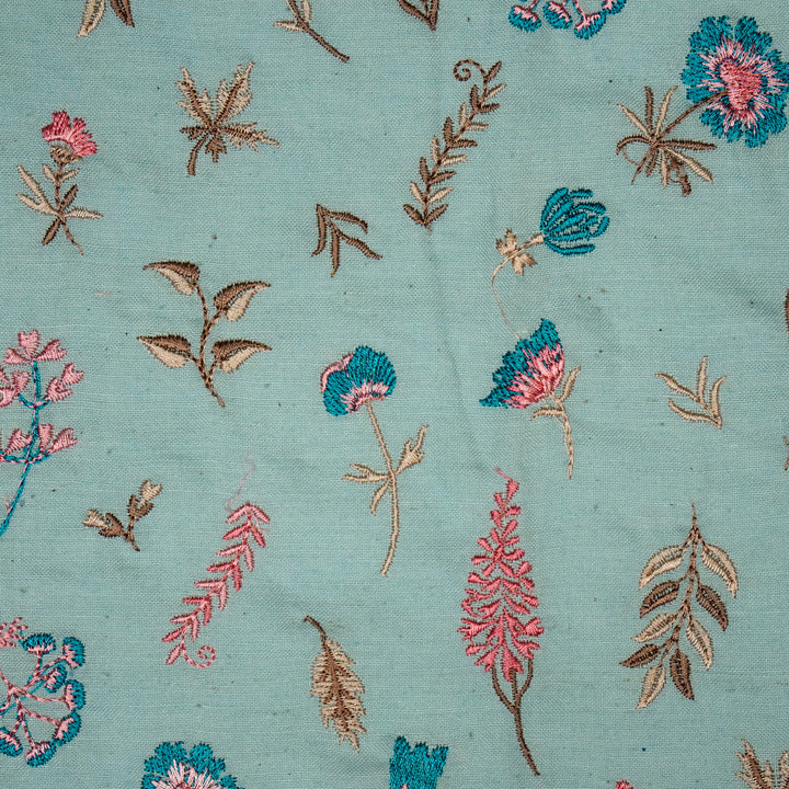 Grishma Buta Buti Mixture on Sky/Blue Cotton Linen Embroidered Fabric