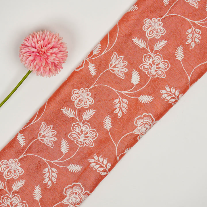 Prisha Jaal on Deep Peach Dola Silk Embroidered Fabric