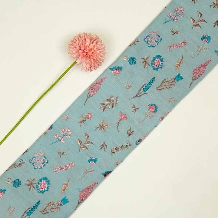 Grishma Buta Buti Mixture on Sky/Blue Cotton Linen Embroidered Fabric