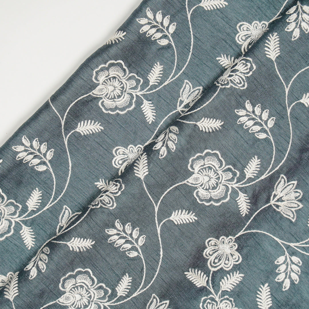 Prisha Jaal on Steel Grey Dola Silk Embroidered Fabric
