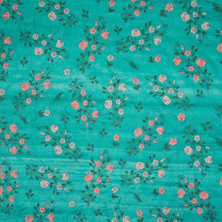 Meenal Jaal On Turquoise Tussar Silk Embroidered Fabric