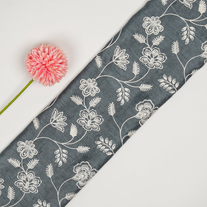 Prisha Jaal on Steel Grey Dola Silk Embroidered Fabric