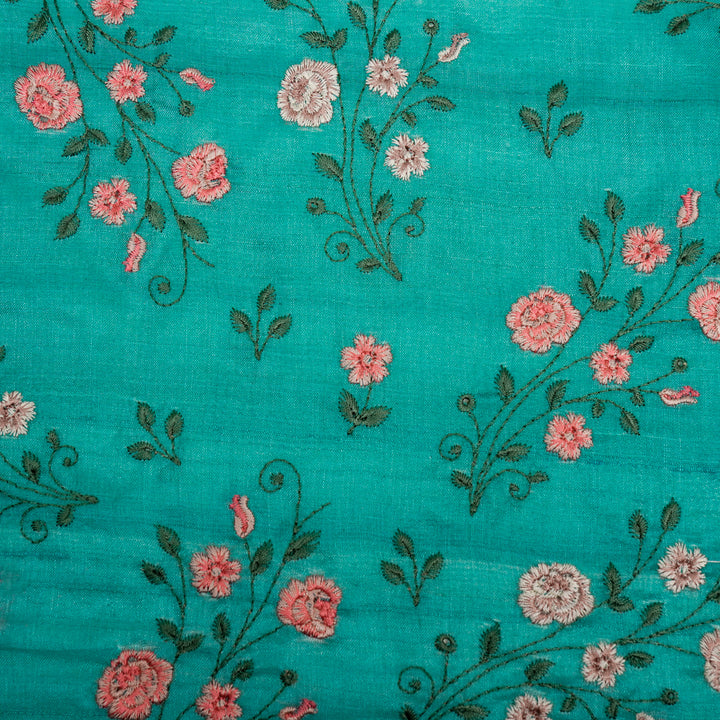 Meenal Jaal On Turquoise Tussar Silk Embroidered Fabric